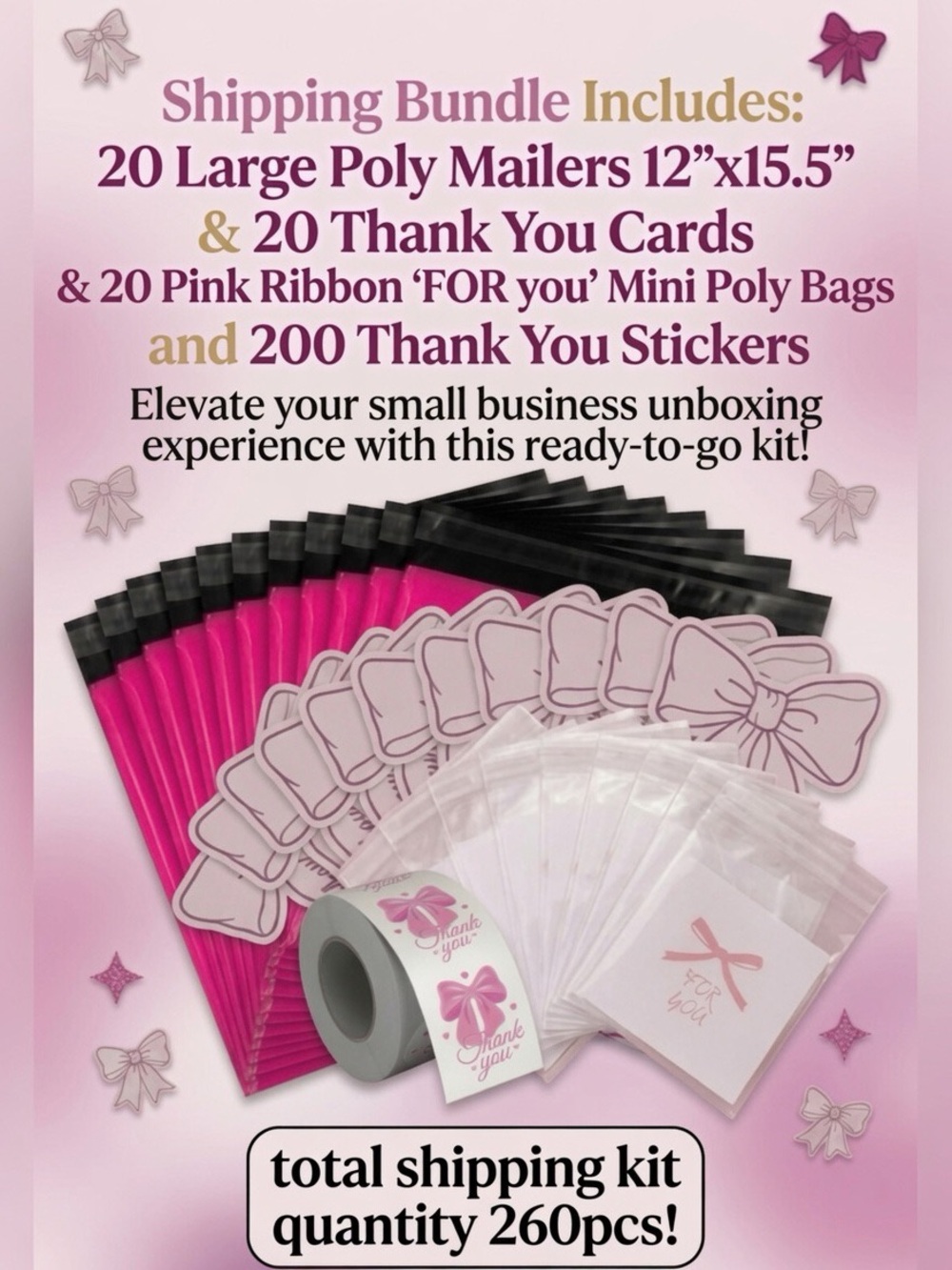 260PC Bundle. 20 Large Poly Mailers, 20 Gift Bags, 20 Cards & 200 Stickers